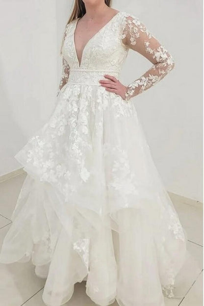 Classy Long Sleeves V-Neck Garden Lace A-Line Wedding Dresses