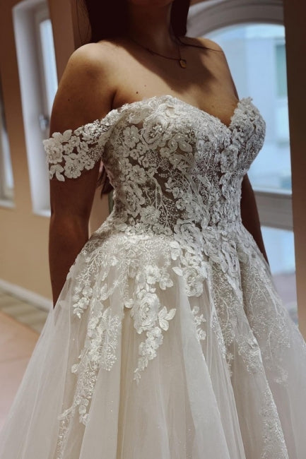 Classy Off the Shoulder Strapless A-Line Lace Tulle Wedding Dresses