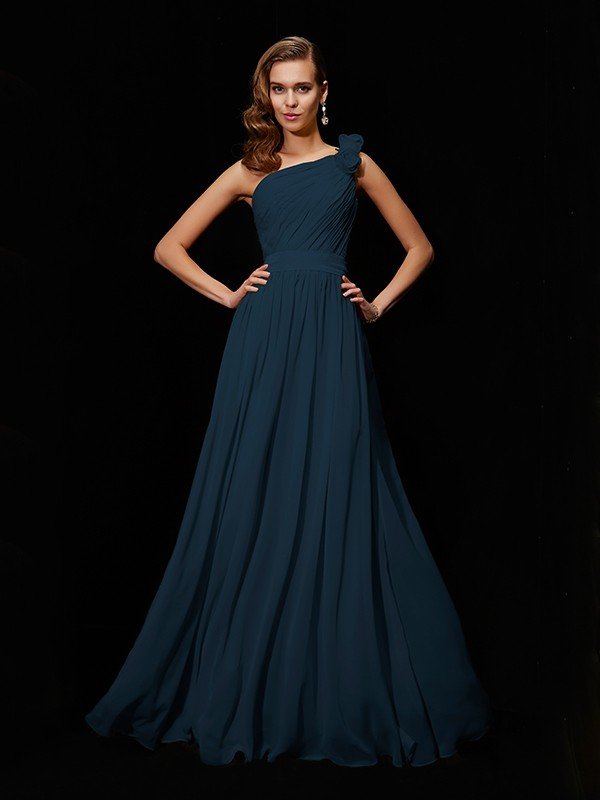 Classy Sleeveless One Shoulders Hand-Made Flower Long Chiffon Bridesmaid Dresses