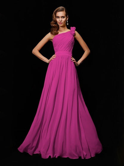 Classy Sleeveless One Shoulders Hand-Made Flower Long Chiffon Bridesmaid Dresses