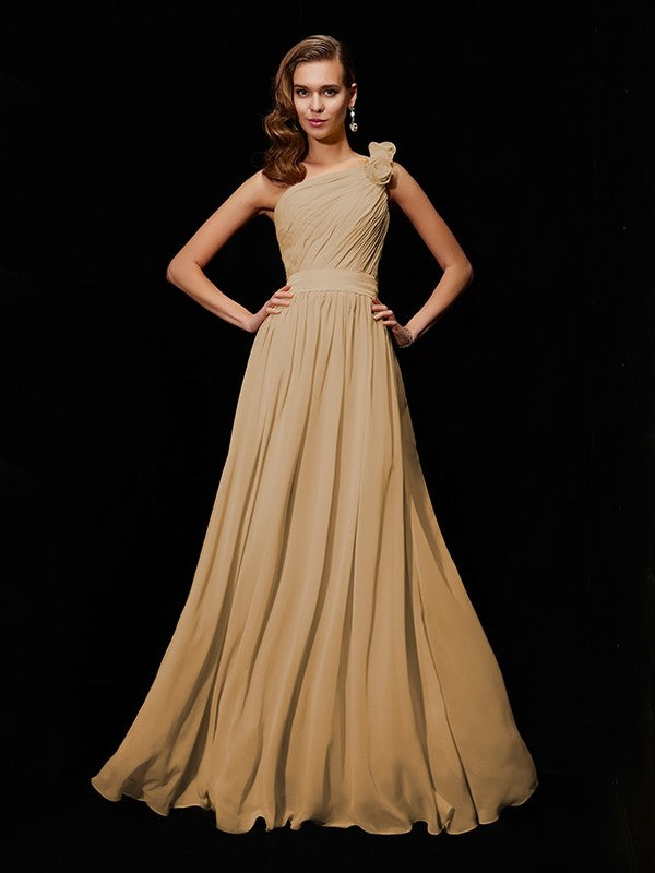 Classy Sleeveless One Shoulders Hand-Made Flower Long Chiffon Bridesmaid Dresses