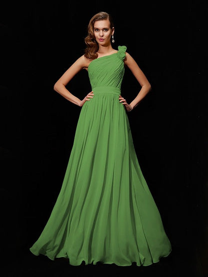 Classy Sleeveless One Shoulders Hand-Made Flower Long Chiffon Bridesmaid Dresses