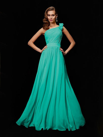 Classy Sleeveless One Shoulders Hand-Made Flower Long Chiffon Bridesmaid Dresses