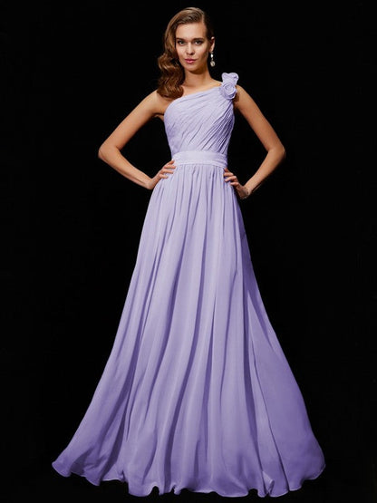 Classy Sleeveless One Shoulders Hand-Made Flower Long Chiffon Bridesmaid Dresses