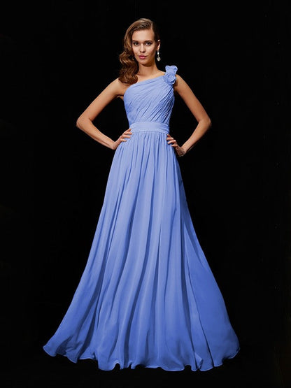 Classy Sleeveless One Shoulders Hand-Made Flower Long Chiffon Bridesmaid Dresses