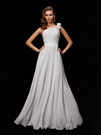 Classy Sleeveless One Shoulders Hand-Made Flower Long Chiffon Bridesmaid Dresses