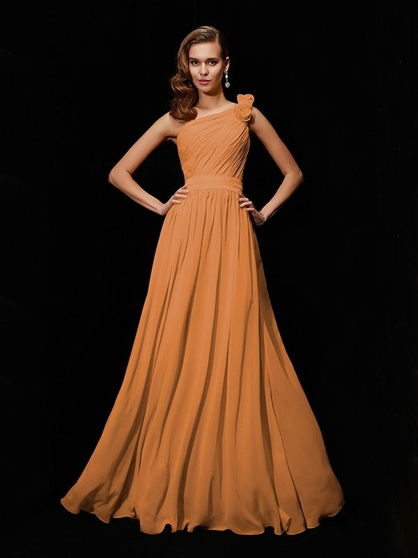 Classy Sleeveless One Shoulders Hand-Made Flower Long Chiffon Bridesmaid Dresses