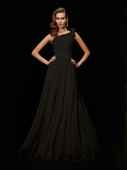 Classy Sleeveless One Shoulders Hand-Made Flower Long Chiffon Bridesmaid Dresses