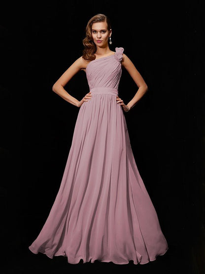 Classy Sleeveless One Shoulders Hand-Made Flower Long Chiffon Bridesmaid Dresses