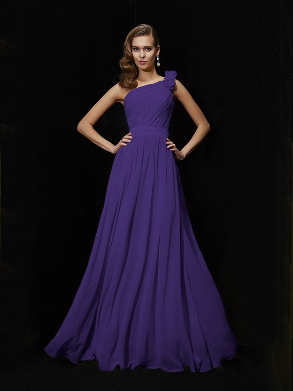 Classy Sleeveless One Shoulders Hand-Made Flower Long Chiffon Bridesmaid Dresses