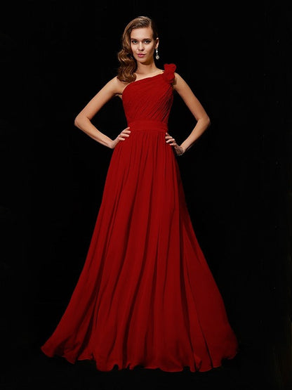 Classy Sleeveless One Shoulders Hand-Made Flower Long Chiffon Bridesmaid Dresses