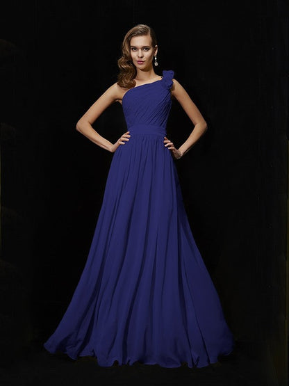 Classy Sleeveless One Shoulders Hand-Made Flower Long Chiffon Bridesmaid Dresses