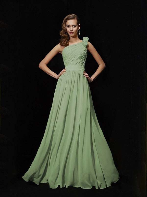 Classy Sleeveless One Shoulders Hand-Made Flower Long Chiffon Bridesmaid Dresses