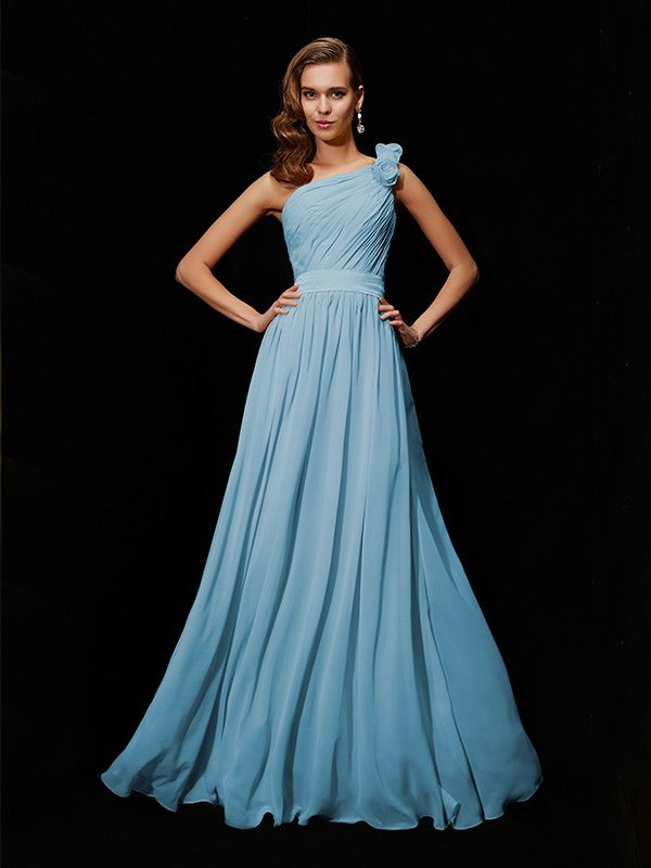 Classy Sleeveless One Shoulders Hand-Made Flower Long Chiffon Bridesmaid Dresses