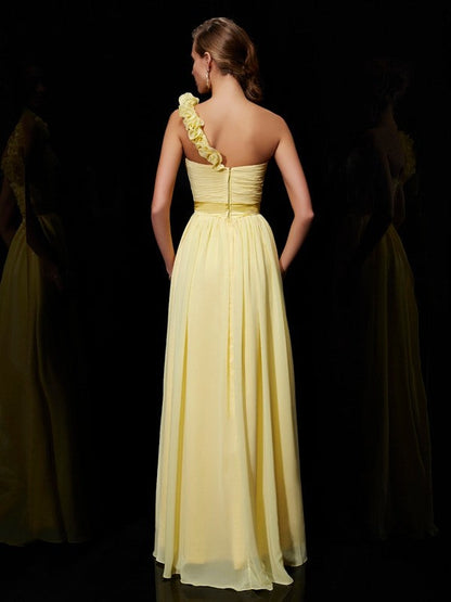 Classy Sleeveless One Shoulders Hand-Made Flower Long Chiffon Bridesmaid Dresses