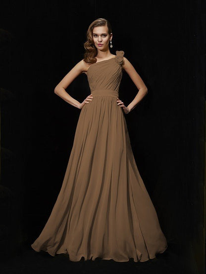 Classy Sleeveless One Shoulders Hand-Made Flower Long Chiffon Bridesmaid Dresses