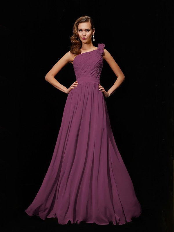 Classy Sleeveless One Shoulders Hand-Made Flower Long Chiffon Bridesmaid Dresses