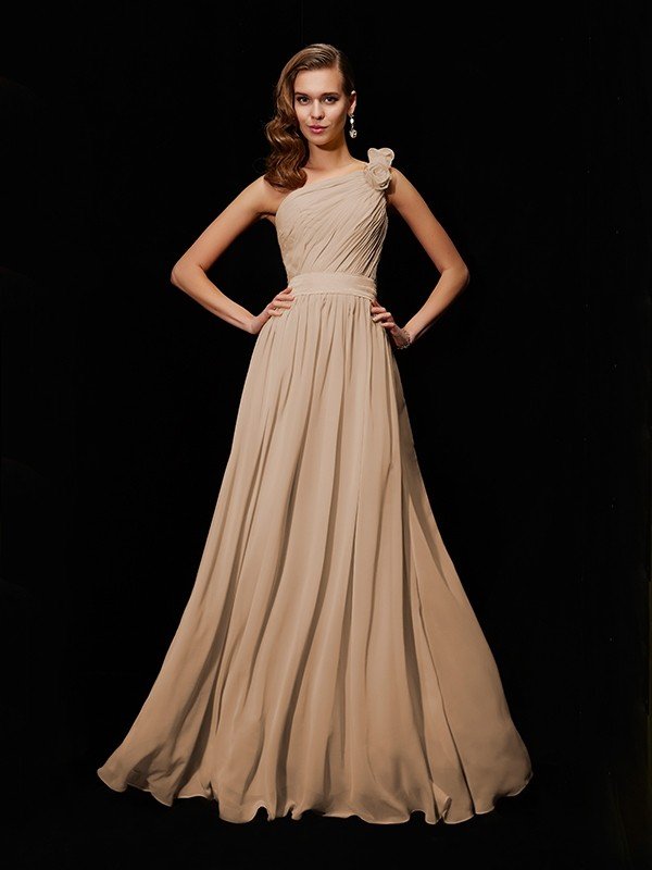 Classy Sleeveless One Shoulders Hand-Made Flower Long Chiffon Bridesmaid Dresses