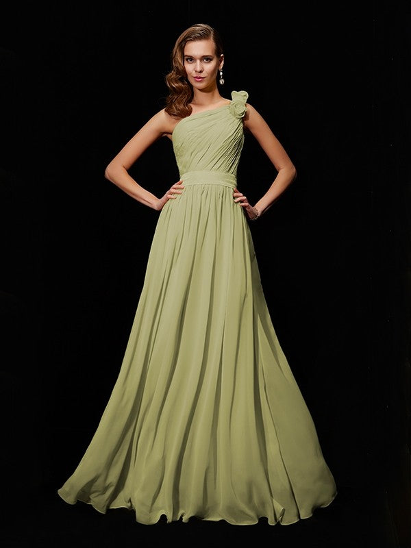 Classy Sleeveless One Shoulders Hand-Made Flower Long Chiffon Bridesmaid Dresses