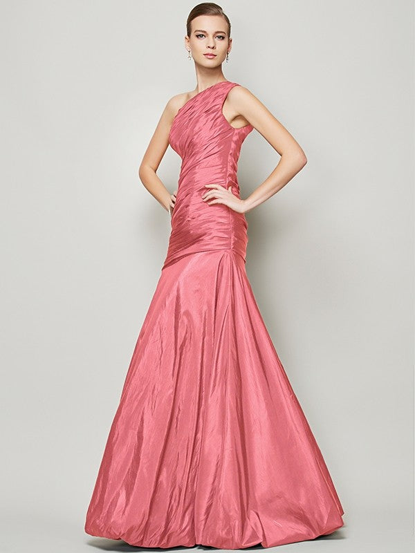 Classy Sleeveless One Shoulders Pleats Long Taffeta Bridesmaid Dresses