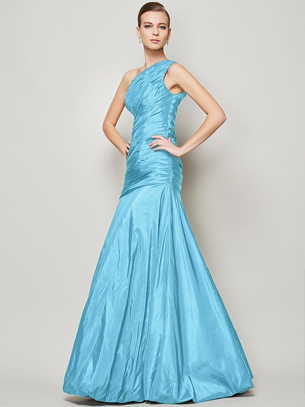 Classy Sleeveless One Shoulders Pleats Long Taffeta Bridesmaid Dresses