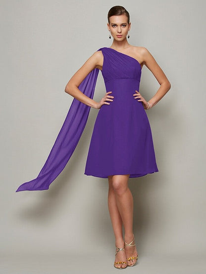 Classy Sleeveless One Shoulders Pleats Short Chiffon Bridesmaid Dresses