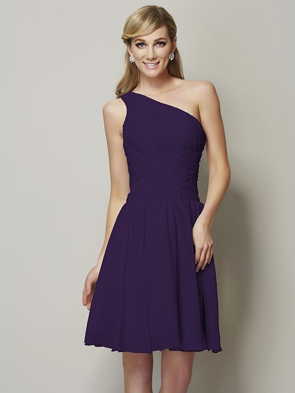 Classy Sleeveless One Shoulders Ruched Short Chiffon Bridesmaid Dresses