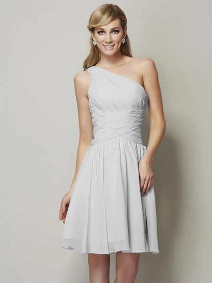 Classy Sleeveless One Shoulders Ruched Short Chiffon Bridesmaid Dresses