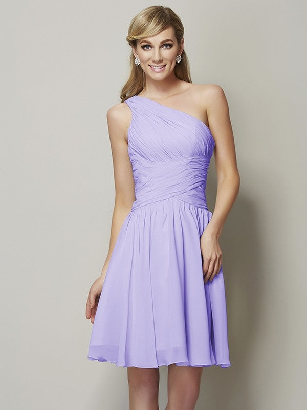 Classy Sleeveless One Shoulders Ruched Short Chiffon Bridesmaid Dresses