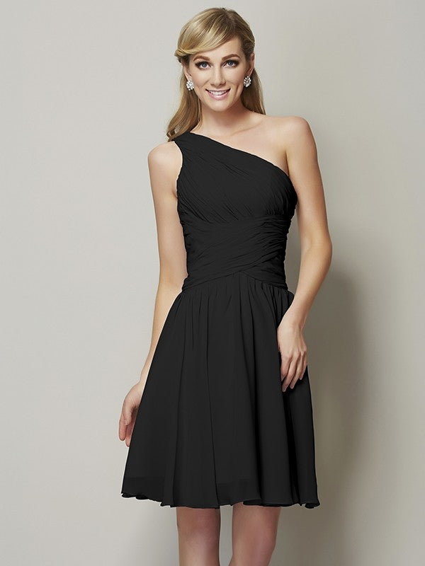 Classy Sleeveless One Shoulders Ruched Short Chiffon Bridesmaid Dresses