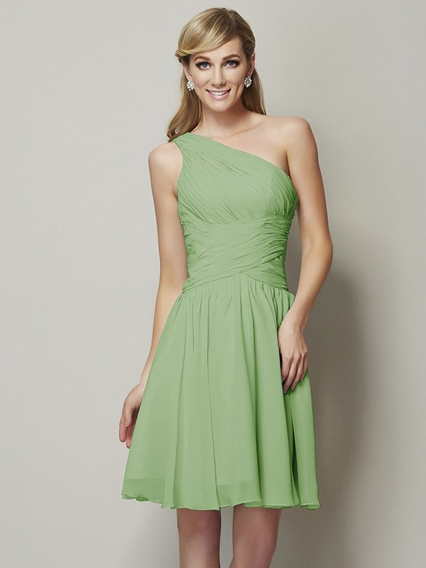 Classy Sleeveless One Shoulders Ruched Short Chiffon Bridesmaid Dresses