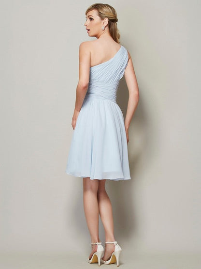 Classy Sleeveless One Shoulders Ruched Short Chiffon Bridesmaid Dresses