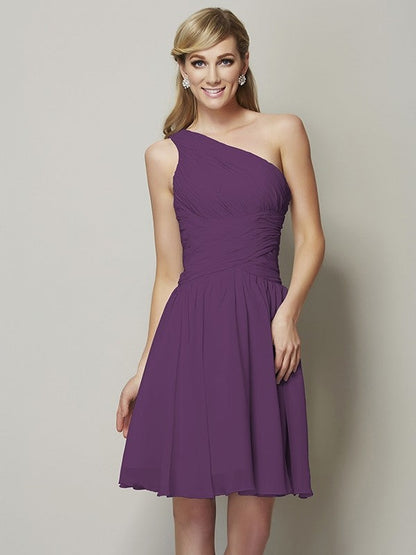 Classy Sleeveless One Shoulders Ruched Short Chiffon Bridesmaid Dresses