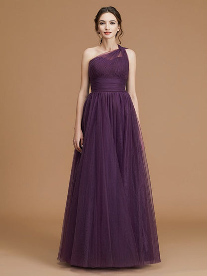 Classy Sleeveless One Shoulders Ruched Tulle Bridesmaid Dresses