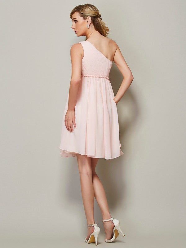 Classy Sleeveless One Shoulders Sash/Ribbon/Belt Short Chiffon Bridesmaid Dresses