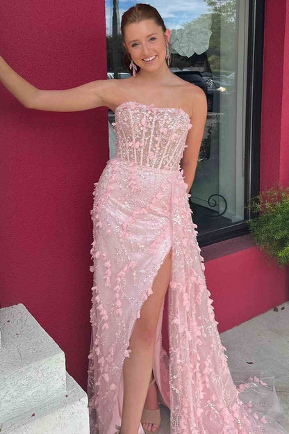 Clio | Pink Strapless 3D Floral High Slit Mermaid Long Prom Dress