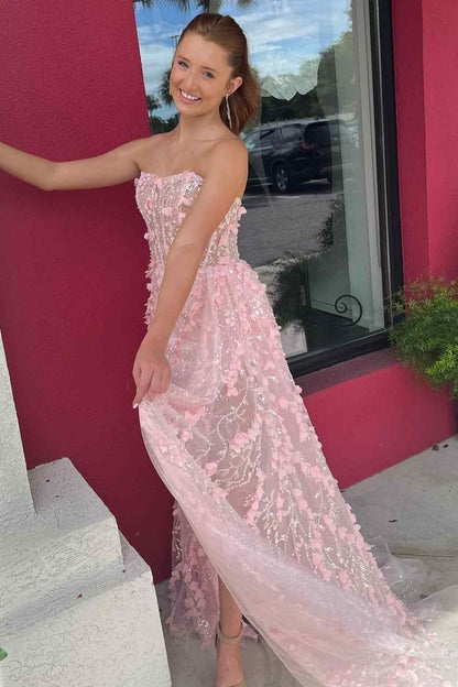 Clio | Pink Strapless 3D Floral High Slit Mermaid Long Prom Dress