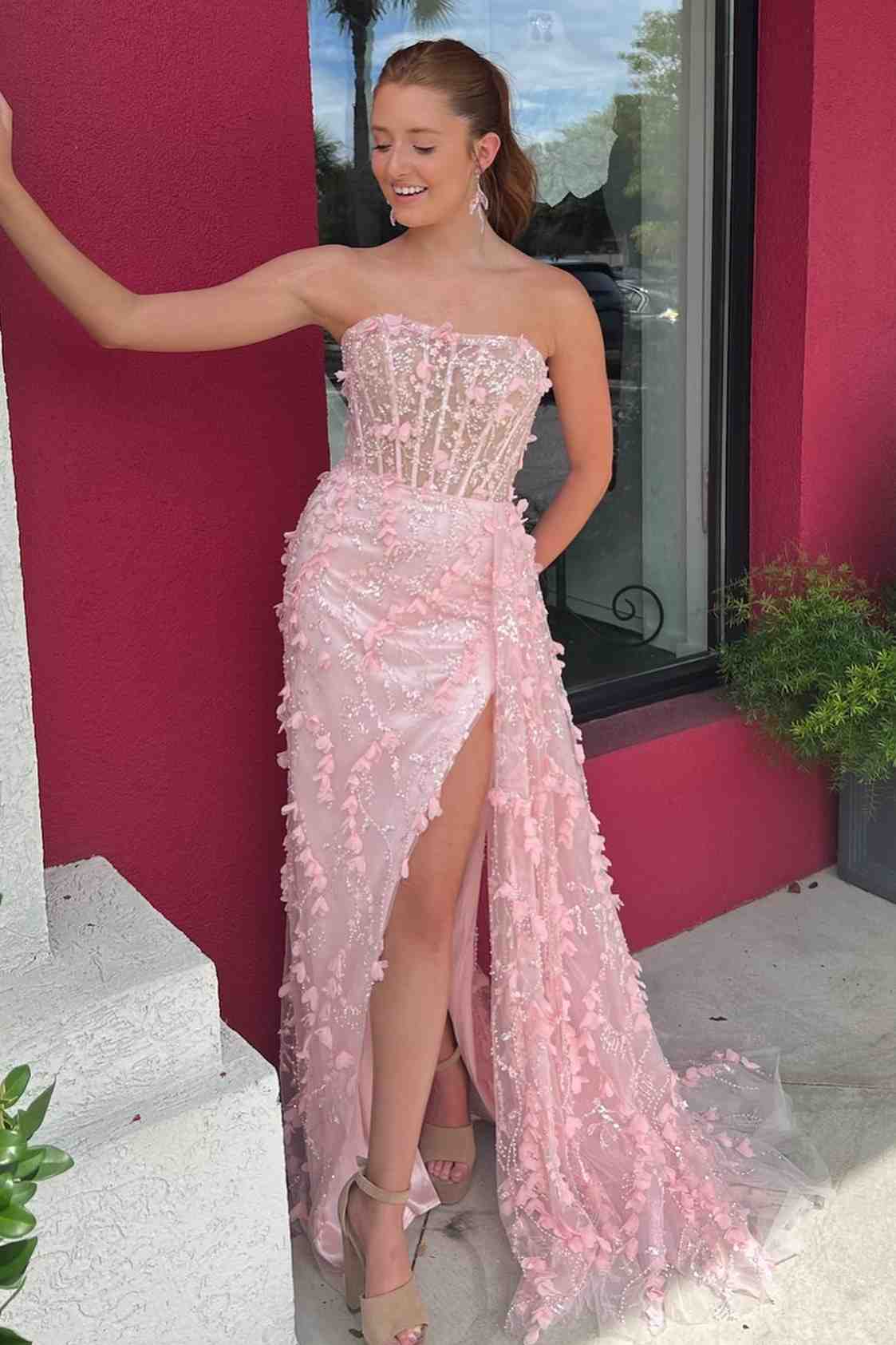 Clio | Pink Strapless 3D Floral High Slit Mermaid Long Prom Dress