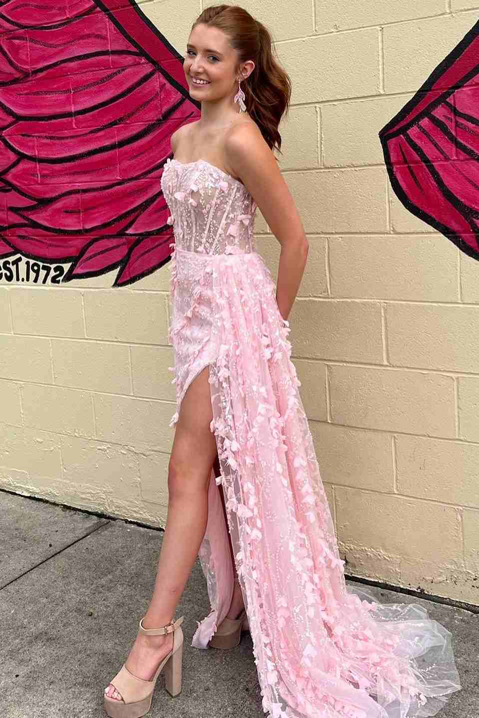 Clio | Pink Strapless 3D Floral High Slit Mermaid Long Prom Dress