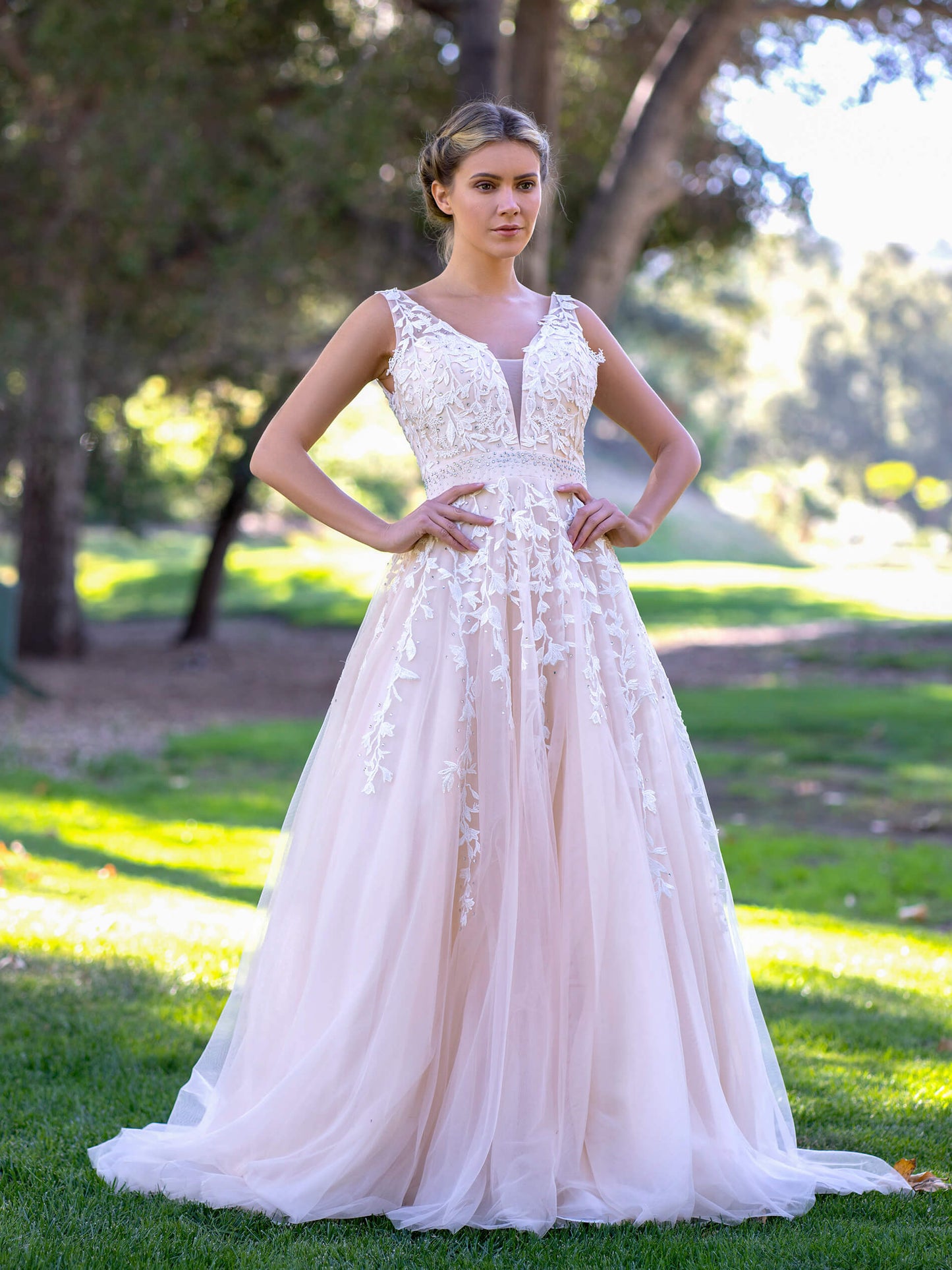 V-neck Applique Lace Tulle Sweep Train Prom Dress