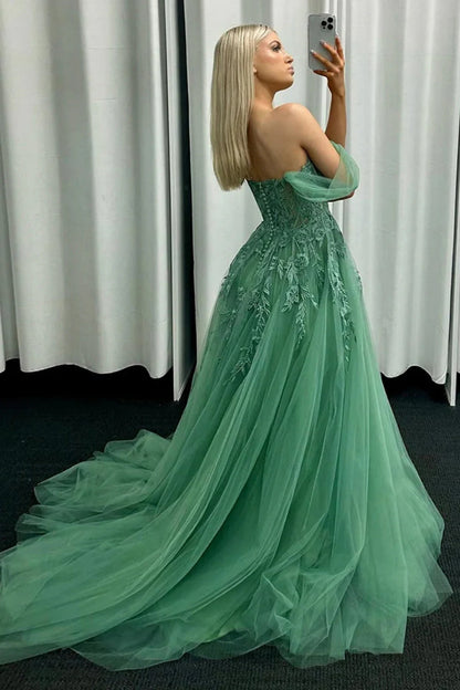 Corbin | Off the Shoulder Mint Green Tulle Lace Prom Dresses with Appliques