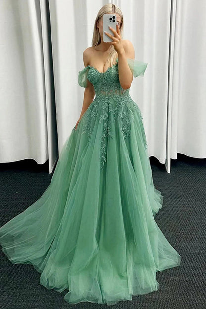 Corbin | Off the Shoulder Mint Green Tulle Lace Prom Dresses with Appliques