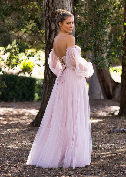 A-line Corset Off The Shoulder Floor Length Tulle Prom Dress with lace appliques