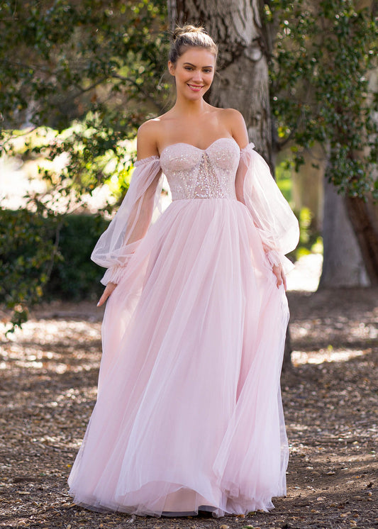 A-line Corset Off The Shoulder Floor Length Tulle Prom Dress with lace appliques