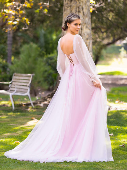 Corset Puffy Sleeves Floor Length Tulle Prom Dress