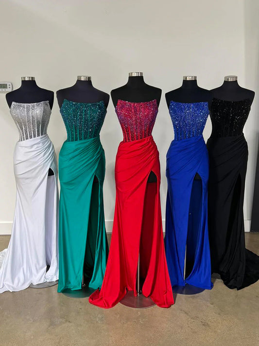 Cosmo | Mermaid Scoop Neck Blue Satin Long Prom Dresses