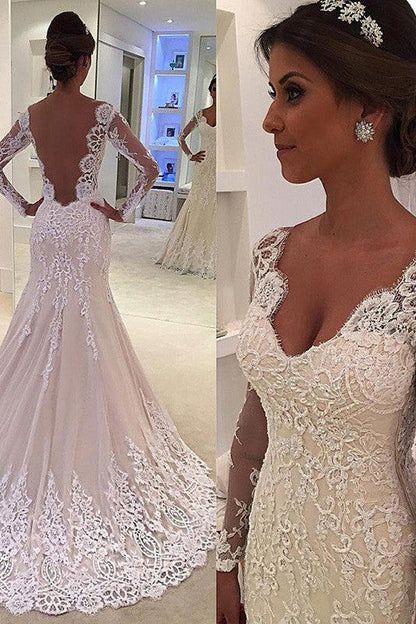 Court Train Mermaid V neck Lace Long Sleevess Wedding Dresses