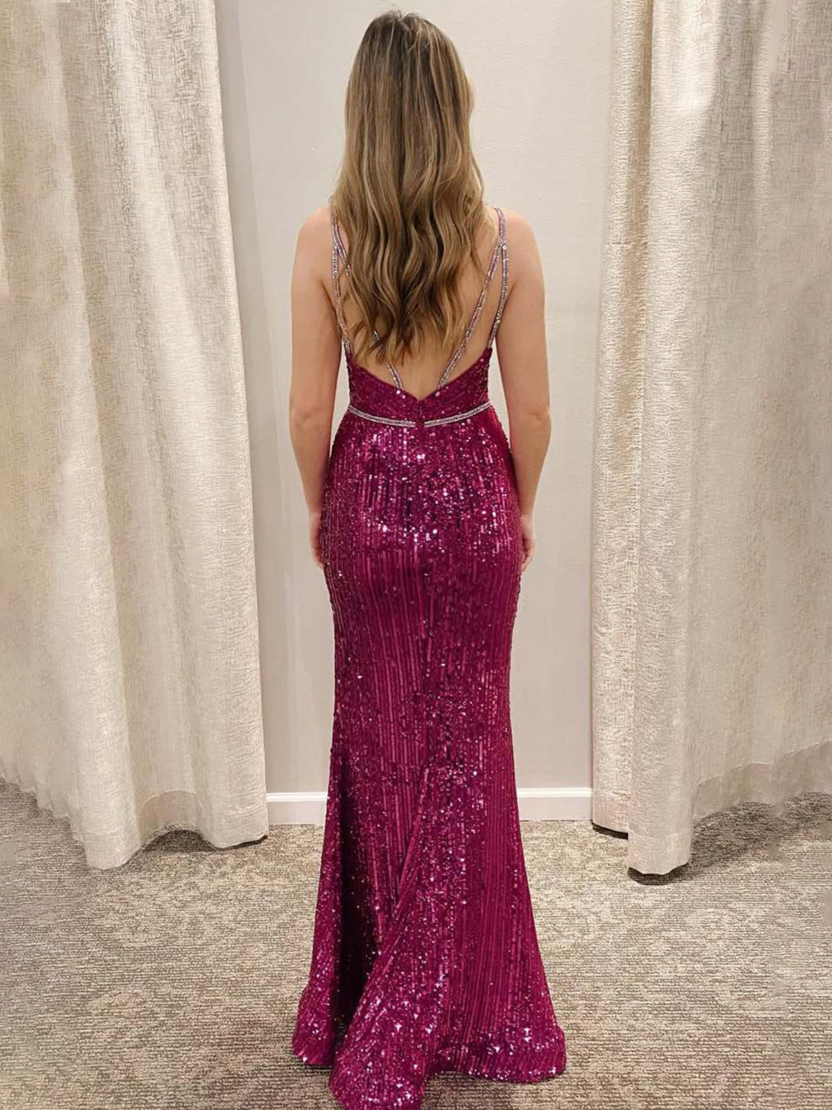 Covie | Mermaid V-Neck Spaghetti Straps Sequined Long Prom Dress with Slit