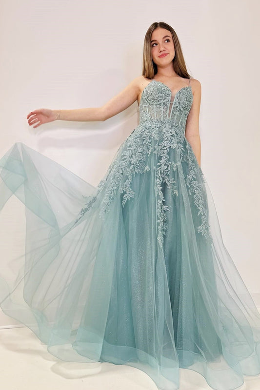 Cozy | Tulle Appliques Lace-Up A-Line Long Prom Dress