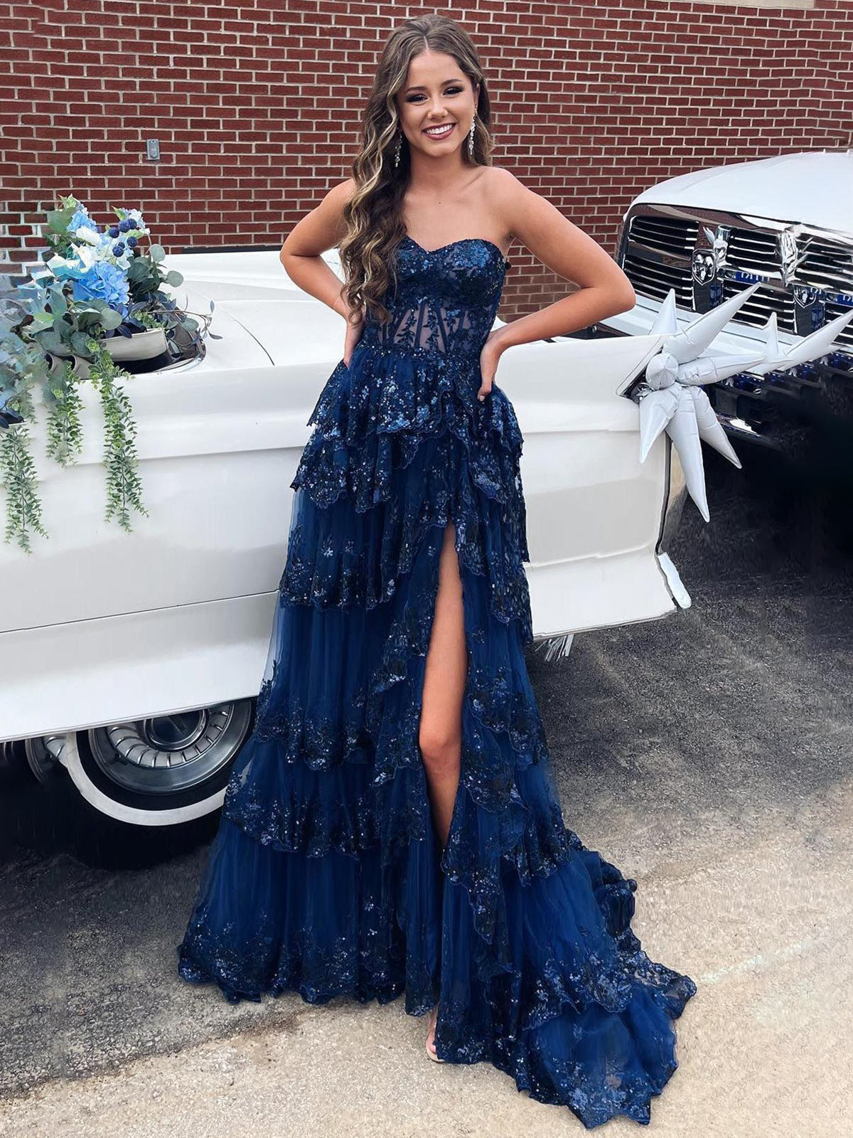 Cressie | Sweetheart Navy Blue Appliques A-line Ruffle Long Prom Dress